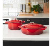Cooks Professional Set Of 2 Cast Iron Casserole Dishes 20Cm & 28Cm / 2.8L & 4.3L - Oven Safe Cooking Dish Pans, Suitable For All Hobs - Red