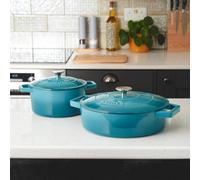 Cooks Professional Set Of 2 Cast Iron Casserole Dishes 20Cm & 28Cm / 2.8L & 4.3L - Oven Safe Cooking Dish Pans, Suitable For All Hobs - Teal