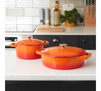 Cooks Professional Cast Iron Casserole Set of 2 20cm & 28cm Dishes Oven Proof Enamelled Pans with Lids in Orange Cooks Professional Orange