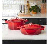 Cooks Professional Cast Iron Casserole Set of 2 26cm & 28cm Dishes Oven Proof Enamelled Pans with Lids in Red Cooks Professional Red