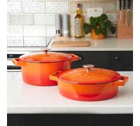 Cooks Professional Cast Iron Casserole Set of 2 26cm & 28cm Dishes Oven Proof Enamelled Pans with Lids in Orange Cooks Professional Orange
