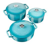 Cooks Professional Set of 3 Cast Iron Casserole | 20cm, 26cm and 28cm | Graduated Teal