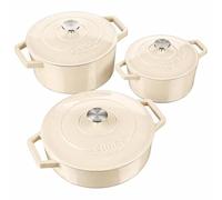 Cooks Professional Set of 3 Cast Iron Casserole Dishes 20, 26 & 28cm | With Lid & Handles, Colourful Enamelled Cooking Pans Pots, Suitable for All Hobs Inc Induction, Oven & Grill Safe | Ivory