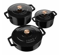 Cooks Professional Set of 3 Cast Iron Casserole Dishes 20, 26 & 28cm | With Lid & Handles, Colourful Enamelled Cooking Pans Pots, Suitable for All Hobs Inc Induction, Oven & Grill Safe | Black