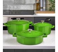 Cooks Professional Set of 3 Cast Iron Casserole Dishes with Lid & Handles | 20, 26 & 28cm | Colourful Enamelled Cooking Pans Pots | Suitable For All Hobs Inc Induction | Oven & Grill Safe | Green