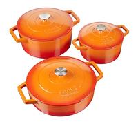 Cast Iron Casserole Set of 3 20cm 26cm & 28cm Dishes Oven Proof Enamelled Pans with Lids Cooks Professional Orange One Size