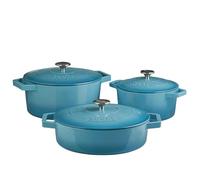 Cooks Professional Set of 3 Cast Iron Casserole Dishes with Lid & Handles | 20, 26 & 28cm | Colourful Enamelled Cooking Pans Pots | Suitable For All Hobs Inc Induction | Oven & Grill Safe | Blue