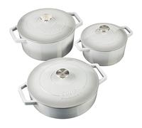 Cooks Professional Set of 3 Cast Iron Casserole Dishes with Lid & Handles | 20, 26 & 28cm | Colourful Enamelled Cooking Pans Pots | Suitable For All Hobs Inc Induction | Oven & Grill Safe | Grey
