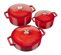 Cooks Professional Set of 3 Cast Iron Casserole Dishes with Lid & Handles | 20, 26 & 28cm | Colourful Enamelled Cooking Pans Pots | Suitable For All Hobs Inc Induction | Oven & Grill Safe | Red