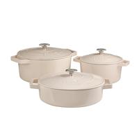 Cooks Professional Set of 3 Cast Iron Casserole Dishes with Lid & Handles | 20, 26 & 28cm | Colourful Enamelled Cooking Pans Pots | Suitable For All Hobs Inc Induction | Oven & Grill Safe | Off White