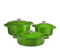Cooks Professional Set of 3 Cast Iron Casserole Dishes with Lid & Handles | 20, 26 & 28cm | Colourful Enamelled Cooking Pans Pots | Suitable For All Hobs Inc Induction | Oven & Grill Safe | Green