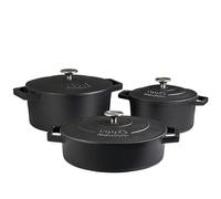 Cooks Professional Set of 3 Cast Iron Casserole Dishes with Lid & Handles | 20, 26 & 28cm | Colourful Enamelled Cooking Pans Pots | Suitable For All Hobs Inc Induction | Oven & Grill Safe | Matt Black