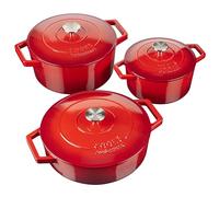 Cast Iron Casserole Set of 3 20cm 26cm & 28cm Dishes Oven Proof Enamelled Pans with Lids Cooks Professional Red One Size