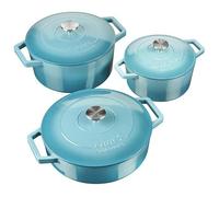 Cooks Professional Set of 3 Cast Iron Casserole Dishes with Lid & Handles | 20, 26 & 28cm | Colourful Enamelled Cooking Pans Pots | Suitable For All Hobs Inc Induction | Oven & Grill Safe | Teal