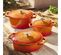 Cooks Professional Set of 3 Cast Iron Casserole Dishes with Lid & Handles | 20, 26 & 28cm | Colourful Enamelled Cooking Pans Pots | Suitable For All Hobs Inc Induction | Oven & Grill Safe | Orange