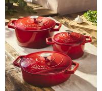 Cooks Professional Set of 3 Cast Iron Casserole Dishes with Lid & Handles | 20, 26 & 28cm | Colourful Enamelled Cooking Pans Pots | Suitable For All Hobs Inc Induction | Oven & Grill Safe | Red