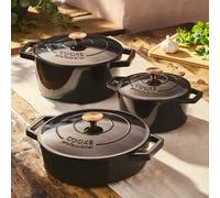 Cooks Professional Set of 3 Cast Iron Casserole Dishes with Lid & Handles | 20, 26 & 28cm | Colourful Enamelled Cooking Pans Pots | Suitable For All Hobs Inc Induction | Oven & Grill Safe | Black