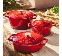 Cooks Professional Set of 3 Cast Iron Casserole Dishes with Lids - 20, 26 & 28cm Diameter in Red Cooks Professional Red