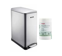 Cooks Professional Slimline Pedal Bin 50L with 25 Biodegradable Bin Bags | Dual Compartment | 20 & 30L | Soft Close Lid | Slim Stainless Steel Kitchen Recycling or Waste Dustbin | Silver