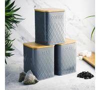 Cooks Professional 3 Piece Embossed Tea, Coffee & Sugar Cannister Set with Bamboo Lids | Diamond Pattern Labelled Stainless Steel Kitchen Storage Bins Airtight Containers | Grey