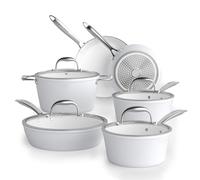 COOKSMARK Swan Ceramic Nonstick Induction Safe Cookware Set, Scratch-Resistant Forged Pots and Pans Set with Glass Lids Oven Safe PTFE/PFOA-Free, 10-Piece, White