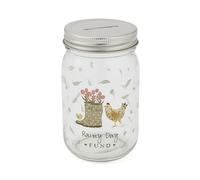 Cooksmart Hen House Lane Glass Money Jar, Savings Jar with Coin Slot | British designed, farmhouse décor, clear glass, silver screw top, spare change storage, gift idea