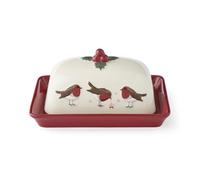 Cooksmart Robins Retreat Butter Dish | Glass Butter Dish with Lid for Kitchen & Table | Durable Ceramic & Glass Storage Container | Festive Robin Design Butter Tray for Everyday Use