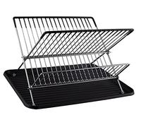 CookSpace Folding 2 Tier Chrome Plated Dish Drainer Drying Rack with Black Plastic Drip Tray