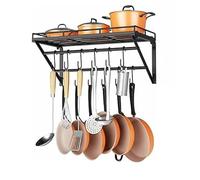 CookSpace Wall Mounted Pot and Pan Rack with 2 Rails and 12 Hooks, Kitchen Storage Shelf, 60cm W x 30cm H x 26cm D, for Cookware and Utensils