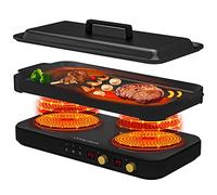 COOKTRON Double Induction Hob with Removable Iron Cast Griddle Pan Non-stick, 1800W 2 burner Portable Induction Stove With Sensor Touch 9 Power Levels, 99 Min Timer, suitable for Magnetic Cookware