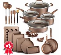 Cookware Set - 23 Piece -Gold Multi-Sized Cooking Pots with Lids, Skillet Fry Pans and Bakeware - Reinforced Pressed Aluminum Metal - Suitable for Gas, Electric, Ceramic and Induction by BAKKEN Swiss