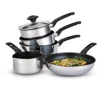 Prestige 9 x Tougher SS 4+1 Set with Free Milkpan (16/18/20cm Cov Saucepan, 25cm Frypan, Milkpan), Silver
