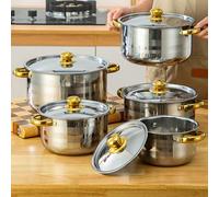 Cookware Set Stainless Steel Pot & Pan Sets 5 Pots with 5 Lids Double Handle Pot Cooking Pots Set Saucepan Gold-Plated Soup Tureen Sets 18/20/22/24/26cm Suitable for All Stovetops Induction