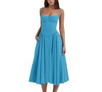 cookx Sleeveless Corset Fit Midi Dress Spaghetti Strap Bustier Midi Dress Trendy A Line Dress with Pocket (S,Blue)