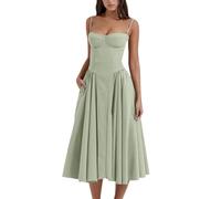 cookx Sleeveless Corset Fit Midi Dress Spaghetti Strap Bustier Midi Dress Trendy A Line Dress with Pocket (S,Light Green)