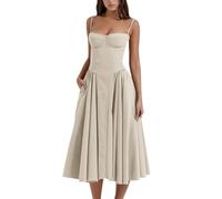 cookx Sleeveless Corset Fit Midi Dress Spaghetti Strap Bustier Midi Dress Trendy A Line Dress with Pocket (M,Beige)