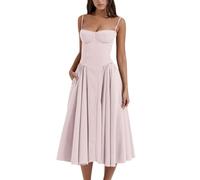 cookx Sleeveless Corset Fit Midi Dress Spaghetti Strap Bustier Midi Dress Trendy A Line Dress with Pocket (XL,Pink)