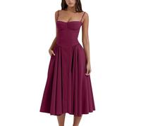 cookx Sleeveless Corset Fit Midi Dress Spaghetti Strap Bustier Midi Dress Trendy A Line Dress with Pocket (L,hot Pink)