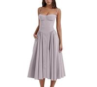 cookx Sleeveless Corset Fit Midi Dress Spaghetti Strap Bustier Midi Dress Trendy A Line Dress with Pocket (S,Light Gray)