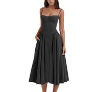 cookx Sleeveless Corset Fit Midi Dress Spaghetti Strap Bustier Midi Dress Trendy A Line Dress with Pocket (M,Black)