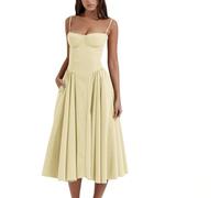 cookx Sleeveless Corset Fit Midi Dress Spaghetti Strap Bustier Midi Dress Trendy A Line Dress with Pocket (L,Yellow)