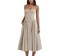 cookx Sleeveless Corset Fit Midi Dress Spaghetti Strap Bustier Midi Dress Trendy A Line Dress with Pocket (L,Coffee)