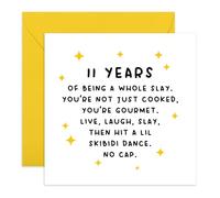 Cool 11th Birthday Card - “11 Years of Slay” Gen Z - Humorous Tween Birthday Card for Kids, Daughter, Son, Niece, Nephew, Boys, Girls - Hit a Skibidi Dance, No Cap- Eleventh - Comes with Stickers