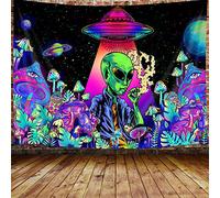 Cool Alien Tapestry, Trippy Mushroom UFO Space Tapestries for Men Boys, Funny Alien Smoking Marijuana Leaf Weed stoner tapestry, Psychedelic Neon Galaxy Space Tapestry Wall Hanging Posters, 60X40IN