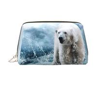 Cool Animal White Polar Bear Print Leather Cosmetic Pouch, Leather Makeup Bag for Purse with Top Zip Closure Stylish Toiletry Bag
