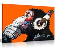 Cool Ape DJ Headphones Canvas Wall Art, Framed, Pop Art Orange 24x16in | Pictures for Living Room Bedroom, 61x41 cm Ready to Hang on Pine Frame, Monkey Chimp Graffiti Prints for Walls, Home Decor
