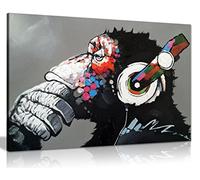 Cool Ape Monkey DJ Headphones Canvas Wall Art, Framed Ready to Hang 36x24 | Panther Print, Banksy Style Gorilla Chimp Pop Art Print, Vibrant Colours, for Bedroom Gaming Room Living Room Home Decor