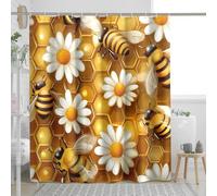 Cool Bee Honeycomb Shower Curtain Set, Fun Daisy Insect Shower Curtain, Funny Bathroom Accessories, Polyester Fabric Decorative -72''x72''