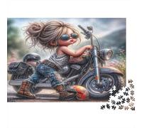 Cool Biker Girl Jigsaw Puzzles 1000 Piece Recycled Paper Adults Whimsical Character Art Puzzle Fun Challenging Family Game Home Decoration Gifts for Women 38x26cm/1000pcs