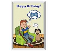 Cool Birthday Card for Boys Teenagers - Happy Bday 10 to 16 year old boy - Gamer & Dog - Funny Cartoon - Unusual Unique Special Greeting - Best Kids Teenage Design - Blank Inside to write own Message